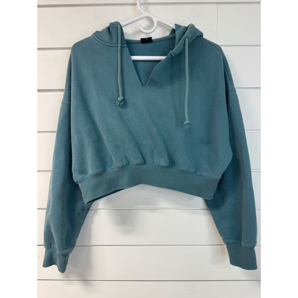 PacSun Womens Teal Blue Cropped V-Neck Hoodie Sweatshirt Size M